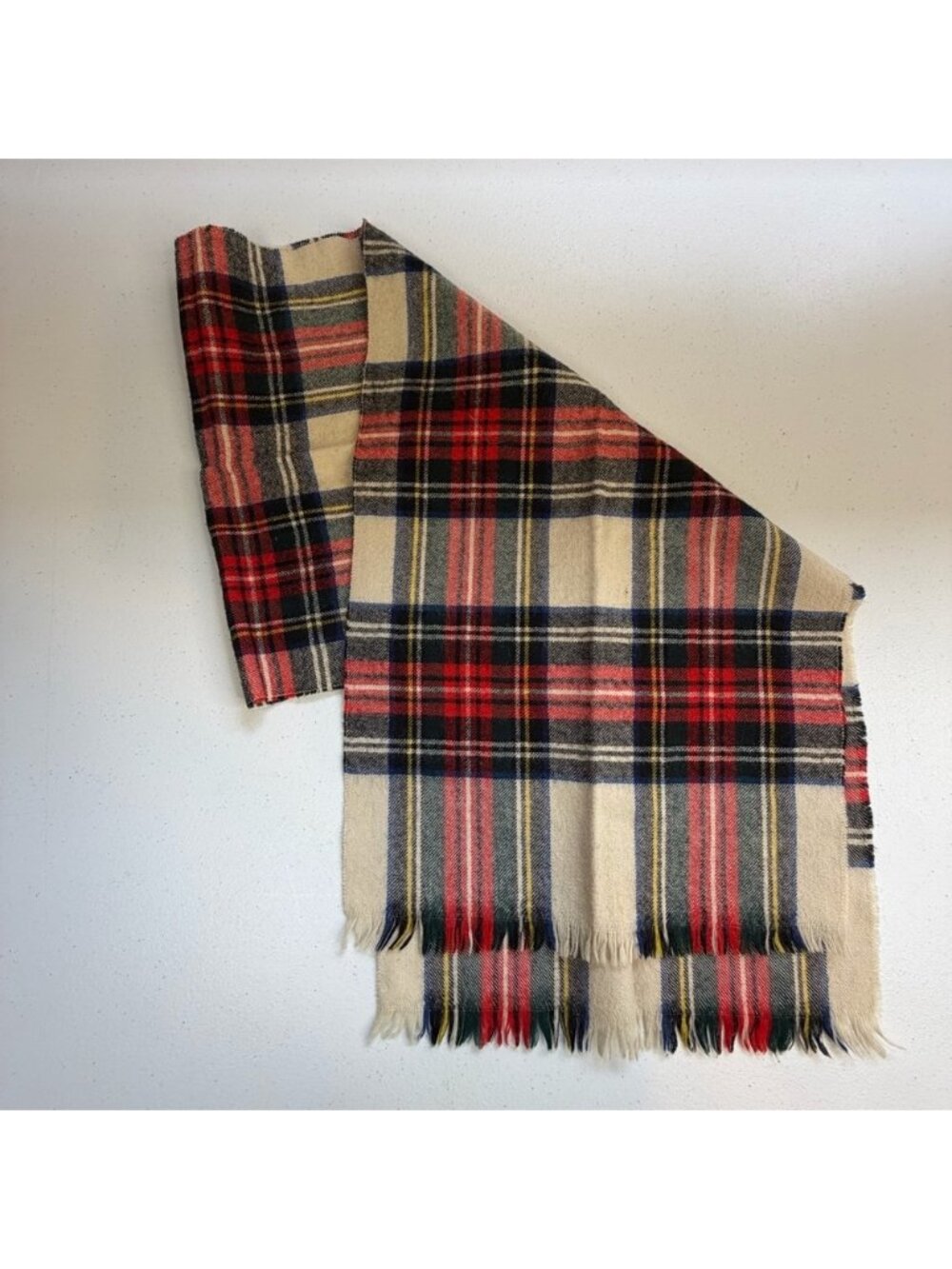Vintage Wool Plaid Scarf Red Navy Cream Tartan Fringe Winter Soft Classic Mens